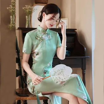 Yourqipao Vara 2023 strat Dublu Opt-buton Scurt cu mâneci Lungi Cheongsam Catwalk Retro Stil Chinezesc Qipao Rochie pentru Femei