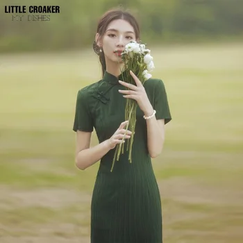 Retro Qipao Femei Vara Cheongsam Îmbunătățirea 2023 Nou Verde Artă Chineză Fete Tinere Stil Elegant și High end