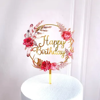 Ins 3D Planta Happy Birthday Cake Topper Aur Roz de Flori Acrilice Petrecerea de Ziua Cupcake Toppers băiat sau Fată Desert Decor