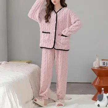 2 Buc/Set Pentru Femei De Iarnă Pijamale Costum Îngroșat De Pluș De Culoare De Potrivire V Gatului Maneca Lunga Strat Elastic Talie Pantaloni De Iarnă Homewear