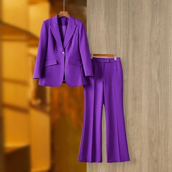 Singur Buton Maneca Lunga Sacou Pantaloni Flare 2 Buc Femei Set Elegant Deep Purple Birou De Afaceri Lady Costum