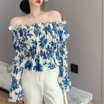 Vintage Blusas Mujer De Moda 2023 Vara Chic francez Slash Gât Sexy Off-umăr Bluze Floare de Imprimare Slim, Camasi cu Maneca Lunga