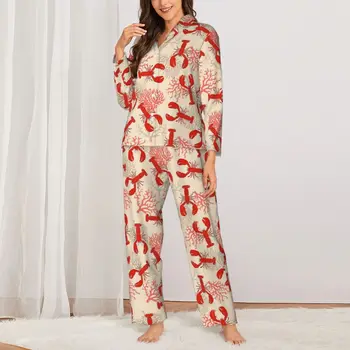 Roșu Homari Pijamale De Sex Feminin De Coastă Coral Modern De Agrement Sleepwear Toamnă Două Piese Casual Supradimensionate Grafic Acasă Costum