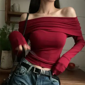 Topuri Sexy de Pe Umăr Maneca Lunga Crop Top pentru Femei Toamna/Iarna 2023 Noi Picant Fata Slim Fit Scurt, Roșu T-shirt