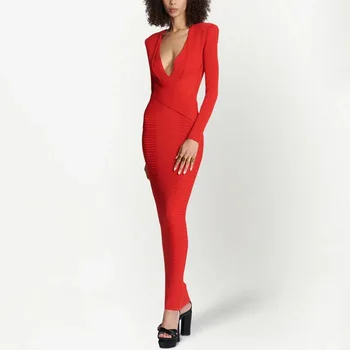 Lungă Maneca Rochie Tricot Sexy V Adânc Gât Roșu Slim Fit Maxi Long Dress V Gâtului Petrecere De Moda Elegant Rochie Din Tricot De Toamna 2023 Noi