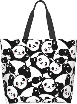 Drăguț Panda Plaja Canvas Tote Geanta Casual Geanta De Umar Geanta De Cumpărături Refolosibile Călătorie Alimentar Tote Sac De Cadouri Pentru Femei Fete