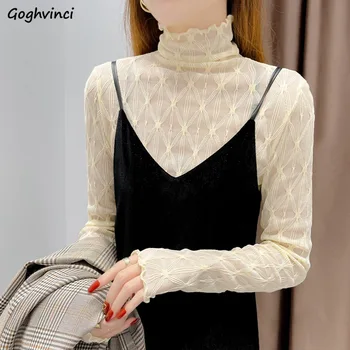 Gros de Catifea tricouri Femei Guler de Dantelă ochiurilor de Plasă de Bază Maneca Lunga de Toamna Iarna Noi Chic Elegant Mujer Cald Simplu Solid coreeană