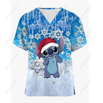 Crăciun Halate Medicale Uniforme Femeie Disney Stitch Desene Animate Imprimate Asistenta Topuri De Companie Mirele Uniformă Maneci Scurte Îngrijitor Haine