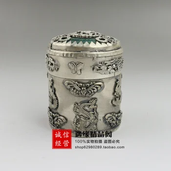 Rafinat Antic Argint Tibetan Jade Dragon Phoenix Și Fluture Scobitoare Cutie De Ornamente
