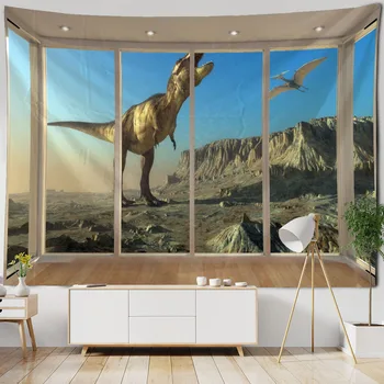 Imitație Fereastră Peisajul Tapiserie Vedere La Mare Dinozaur Art Agățat De Perete Boem, Hippie Acasă Decorare Perete De Fundal Tesatura