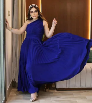 Scurt Elegant pe Un Umăr Șifon Rochii de Bal O-Linie Albastră Lungime de Glezna Abendkleider Robe de Soirée pentru Femei