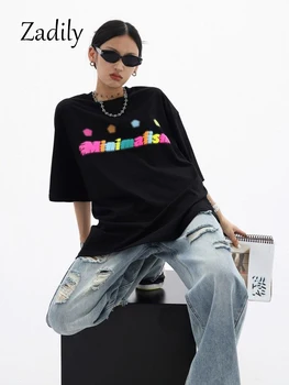 2023 Vara Streetwear Maneca Scurta Femei din Bumbac Tricou Y2K Fluorescente Imprimare Supradimensionat Femeie Topuri Tricou Femei Haine Largi