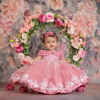 Elegant Roz Rochie De Bal Rochii Fete Cu Flori De Lux Margele Aplicatiile Petrecere De Aniversare Pentru Copii Rochii Pentru Copii Prima Împărtășanie Rochii