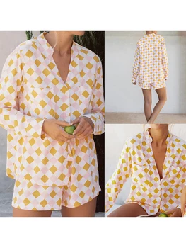 Femei Cu Maneci Lungi 2 Bucata Set De Pijama Stand Guler Butonul De Imprimare De Până Cămașă Pantaloni Scurți Set Body