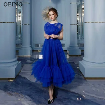 OEING Elegant Albastru Regal Rochii de Seara Simplu fără Mâneci Tul Niveluri Prom Dress Ceai de Lungime Rochie de Petrecere Vestidos De Fiesta