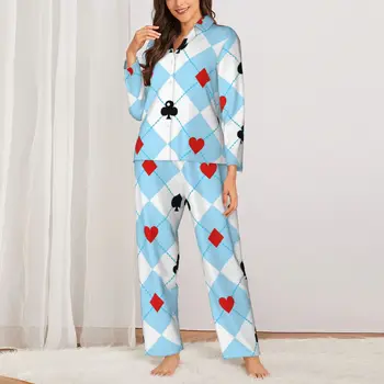 Poker Inima Pijama Seturi De Cărți De Joc Costum De Simboluri Retro Pijamale Femei Mâneci Lungi Casual De Somn 2 Piese De Îmbrăcăminte De Noapte De Dimensiuni Mari