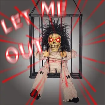 Decor De Halloween Prizonier Fantomă În Cușcă Craniu Înfricoșător Prop Electric Schelet Jucărie Strălucitoare Ochi Sunet Papusa Hangable Fantomă