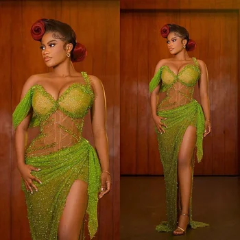 Stralucitoare Verde Cu Paiete, Margele Rochii De Bal Africane Sexy Fantă De Mare Rochie De Seară Un Umar Aso Ebi Formale Stil Rochii De Ocazie