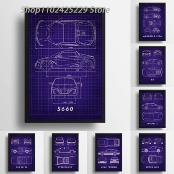 Masini Blueprint Poster Pânză De Imprimare Mașini De Epocă Plan Arta De Perete Cameră De Origine Iubitorii De Mașini De Perete Decor Minimalist Masina Decor De Perete