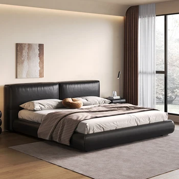 Tofu bloc din piele pat, italiană minimalist mare vacă neagră pat, minimalist modern, dormitor matrimonial, pat dublu, negru cub de stocare