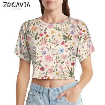 Femei Y2K tricou cu expusă buric și mâneci scurte, floare de model T-shirt