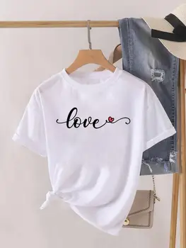 Grafic T-shirt Femei de Moda de Top O-gât Îmbrăcăminte de Imprimare Dragoste Dulce Valentine Trend Haine cu Maneci Scurte Doamna de sex Feminin Cămașă Tee