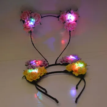 Strălucire de Lumină de Sus Hairband Flori de Trandafir Pisica Urechi de Animale Fete de Susținere a condus partidul Cosplay Ziua de Crăciun navidad