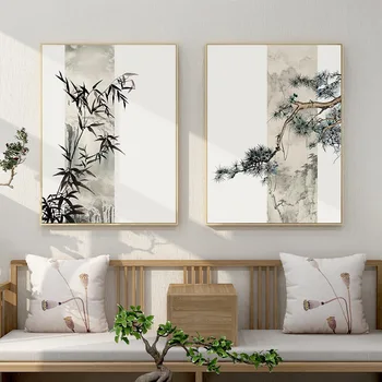 Pin Bambus Prune Chineză Stil Peisaj Panza Pictura Arta de Perete Poster cu Rama de Imprimare Panza de Artă Abstractă Imagine Decor Acasă