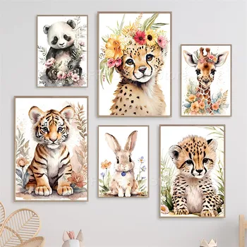 Leopard, Girafa, Tigru, Panda Cerb Pepinieră Arta De Perete Panza Pictura Aninmal Postere Si Printuri Poze Baby Decor Camera Pentru Copii