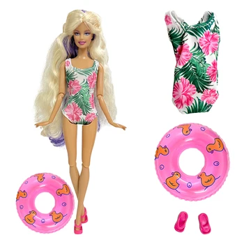 NK Set 1 Printesa de Moda de Flori-O singură Bucată de Costume de baie Bikini + Papuci + Inot Colac Accesorii Pentru Barbie Papusa de Fata Cadou Jucărie