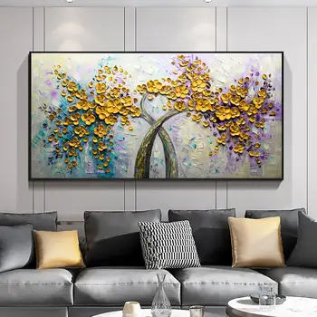 Handmade Floare Copac Peisaj Pictura In Ulei Pe Panza De Mari Dimensiuni Abstracte Galben Floral Texturat Arta Pictura Acasă Moderne De Arta De Perete