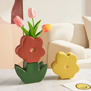 Floare În Formă De Vaza Ceramica Pentru Camera De Zi,Bucatarie,Birou, Decor Geometric