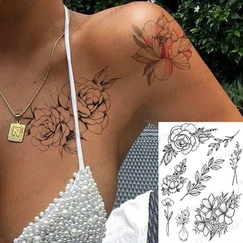 Mare De Tatuaje Temporare De Artă Maneci Tatuaj Autocolante Coapsa Corp Decal Negru Rezistent La Apa De Baie Tatuaj Fals De Flori Pentru Femei Barbati